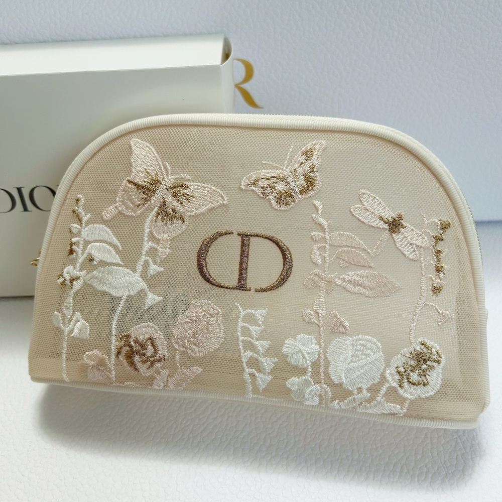 Dior Beige Embroidered Cosmetic Case authentic